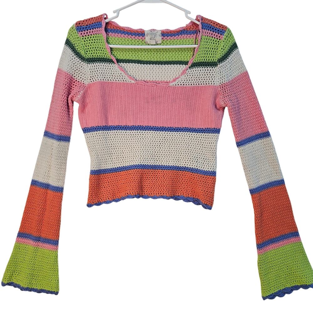 Y2K Boho Cropped Crochet Knit Sweater Colorblock Long Sleeve Large Coastal